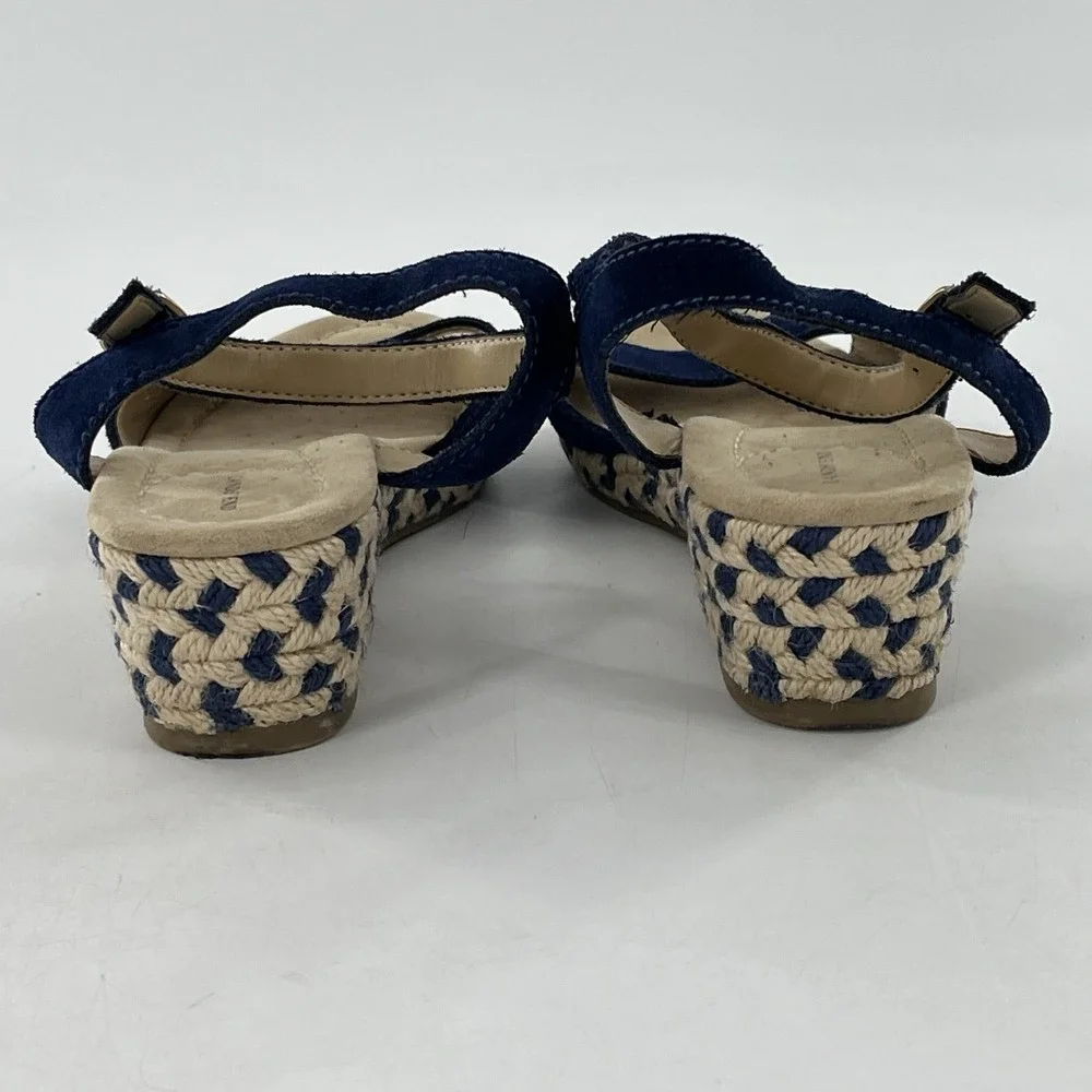Lands End Espadrille Sandal Womens 7 Wedge Slingback Open Toe Blue Suede Chevron